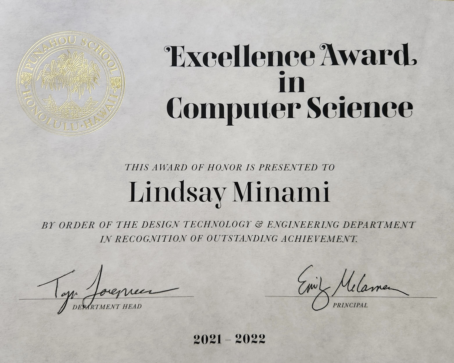 Excellence in Computer Science Award from Punahou School