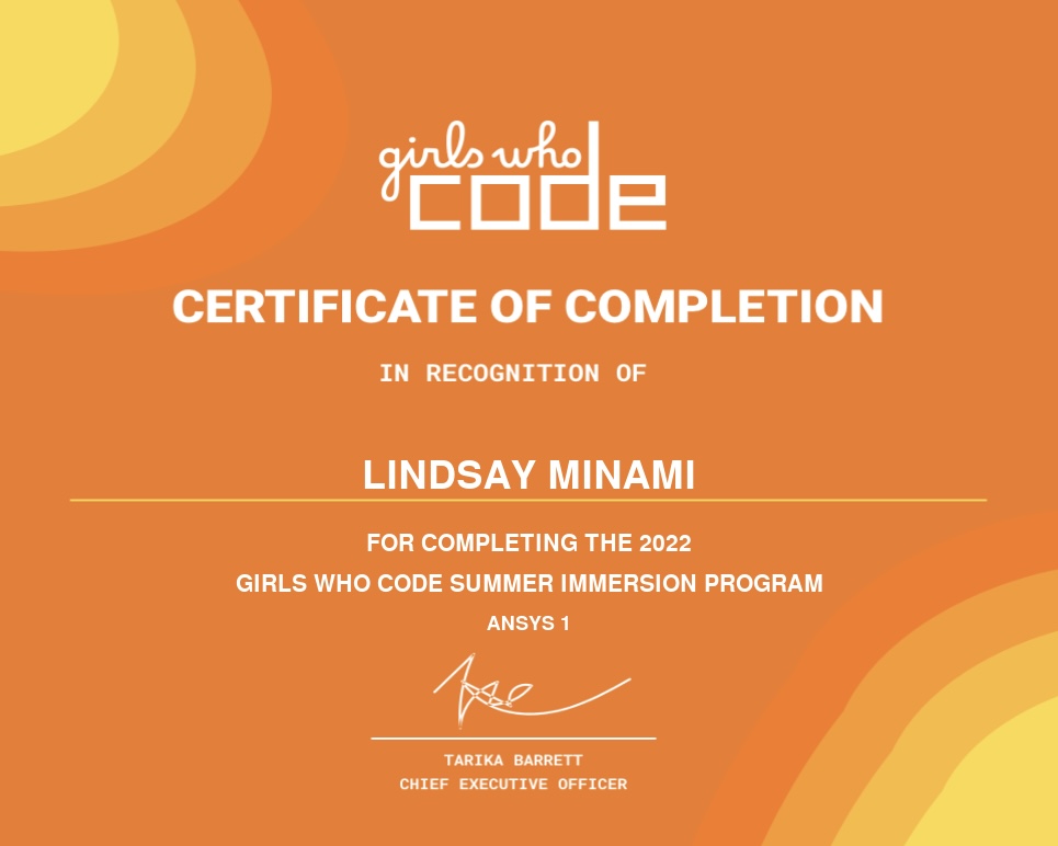 Girls Who Code Summer Immersion Program Completion Award